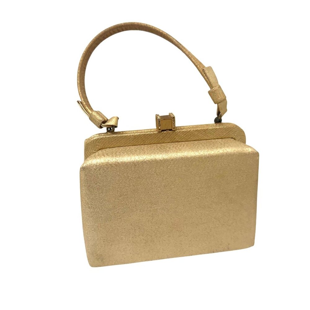 Women's Evening Bag Purse Gold Metallic Frame Box Shimmer Rhinestone Vintage